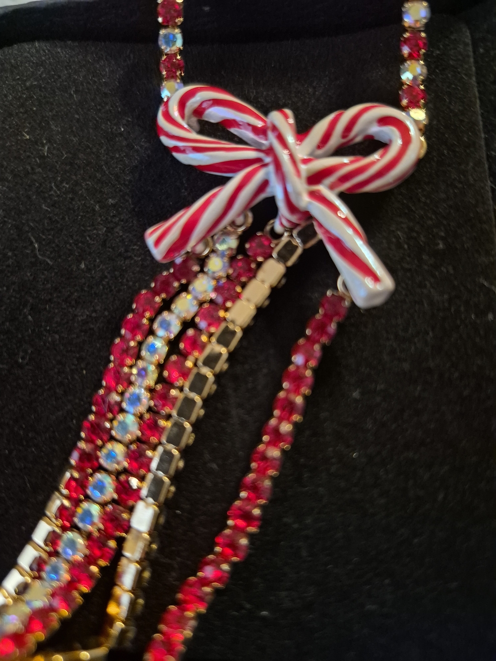 Betsey Johnson Red and White Candy-Stripe Bow Dangle Necklace